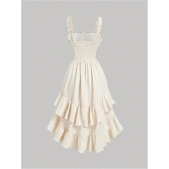 Women's Pure Apricot Layered Ruffle Hem Sleeveless Ruched Long Party Dresses - Picture 2 of 4